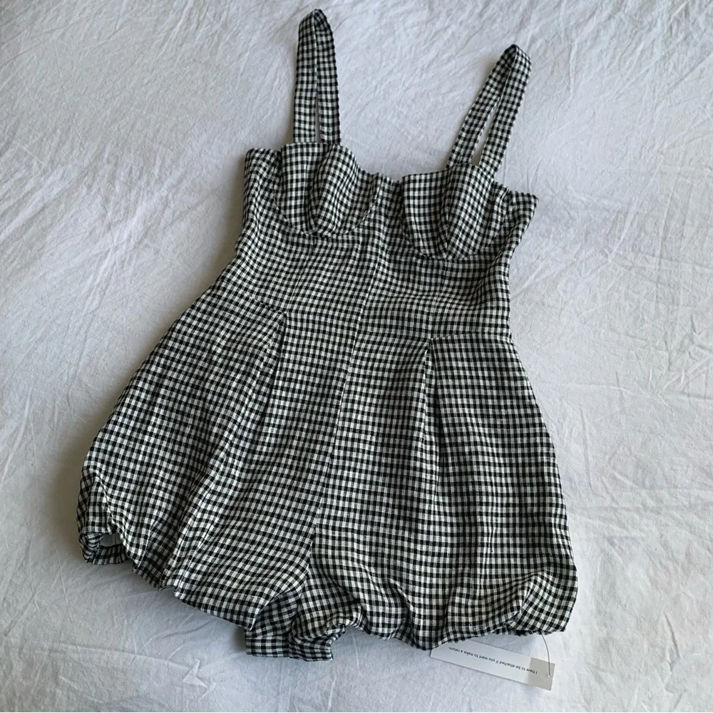 NWT Reformation Lydia Linen Gingham Bubble Hem Romper Remy Check Black White